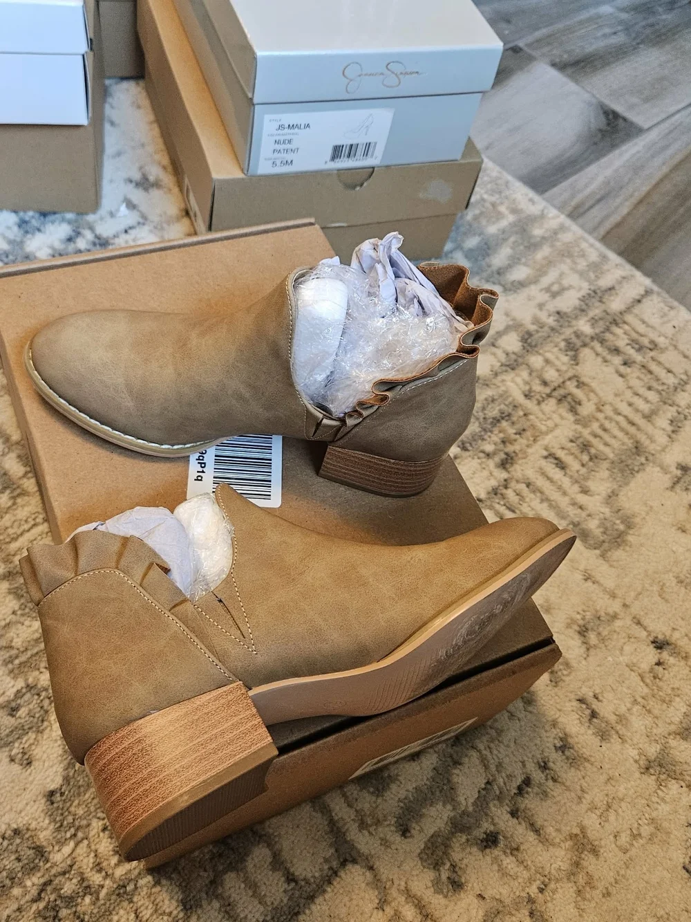 Women’s Taupe Ruffle-Trim Ankle Booties